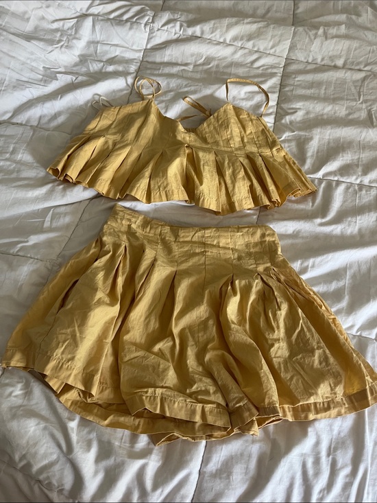 Free People Tops - Free People Mustard Yellow Pleated Crop Top and Skirt Set